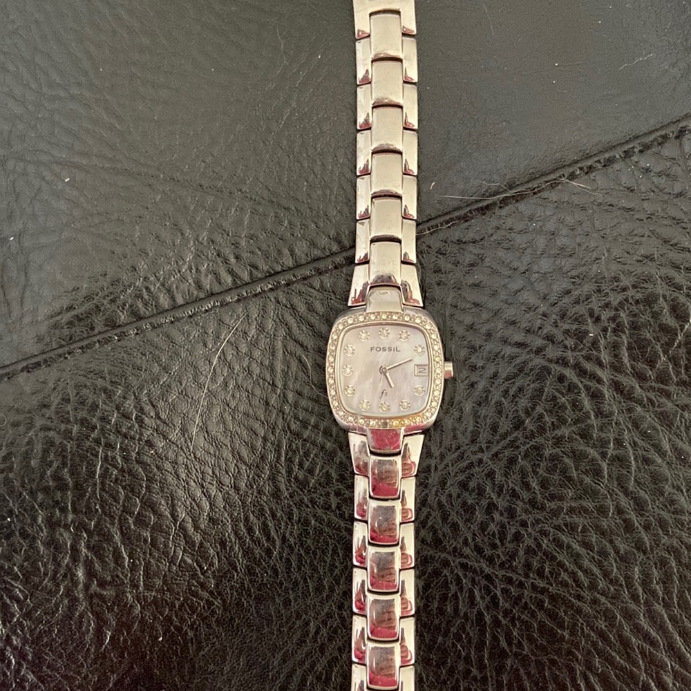 Fossil watch - silver with light pink face and rhinestones